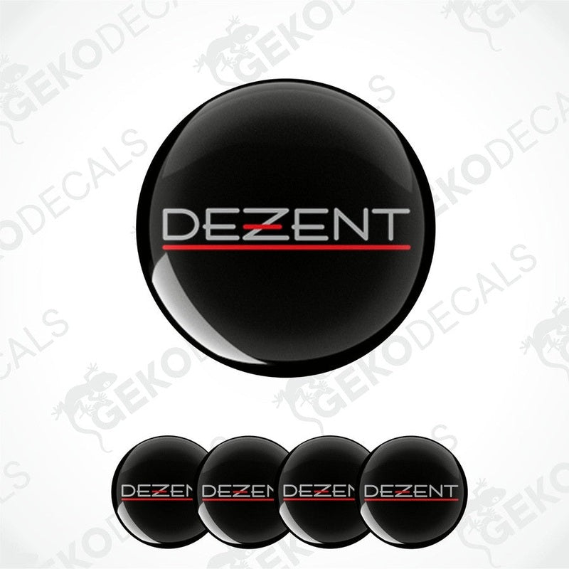 A set of four round black vinyl decals with the word 'DEZENT' written in white, except for one decal which has a red line across the word.