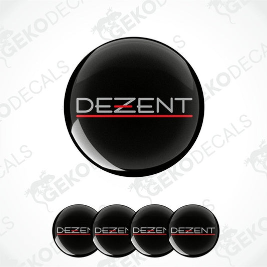 A set of four round black vinyl decals with the word 'DEZENT' written in white, except for one decal which has a red line across the word.