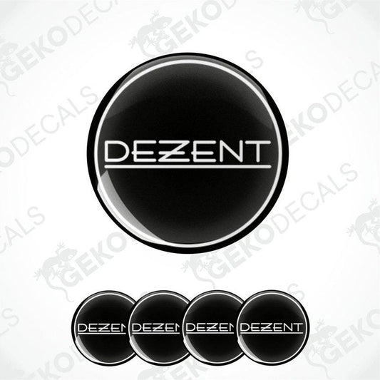 A set of four black vinyl decals with the word 'DEZENT' written in white letters.
