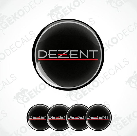 A set of four round car decals with the brand name 'DEZENT' written in a stylized font, predominantly black color with a red horizontal line across the middle.