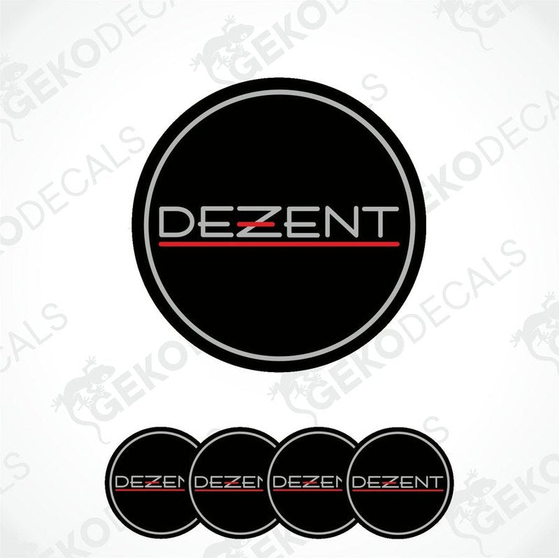 A set of four round car decals with the brand name 'DEZENT' written in a stylized font, predominantly black color with a red horizontal line across the middle.