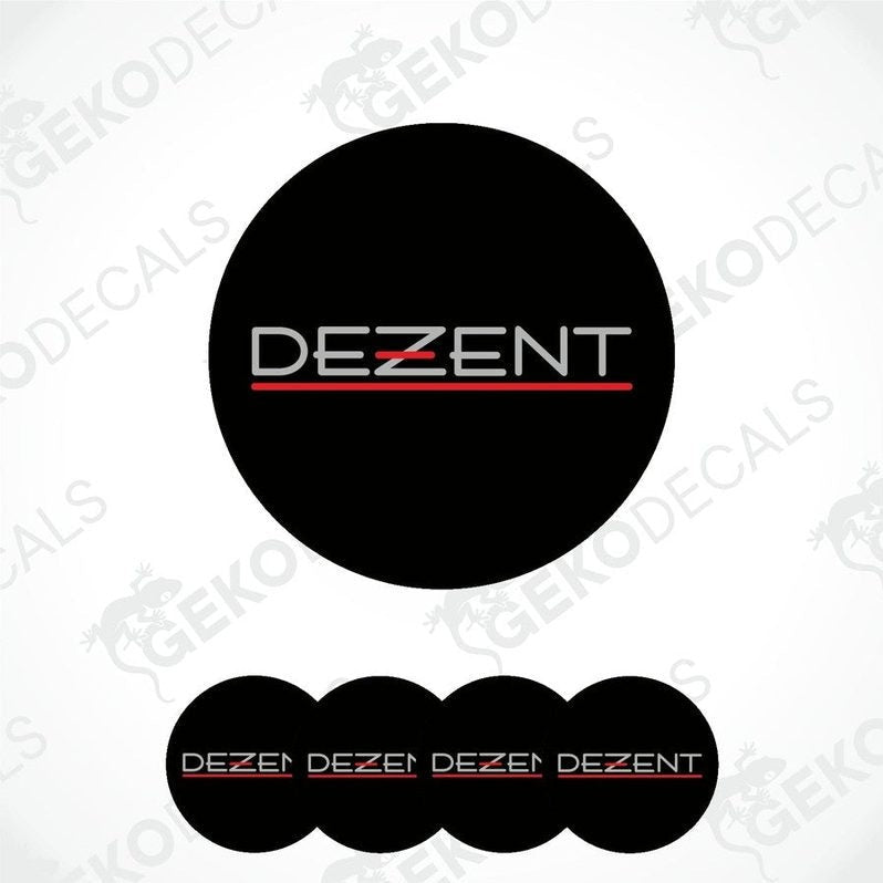 A set of four round black vinyl decals with the word 'DEZENT' written in white, except for one decal which has a red line across the word.