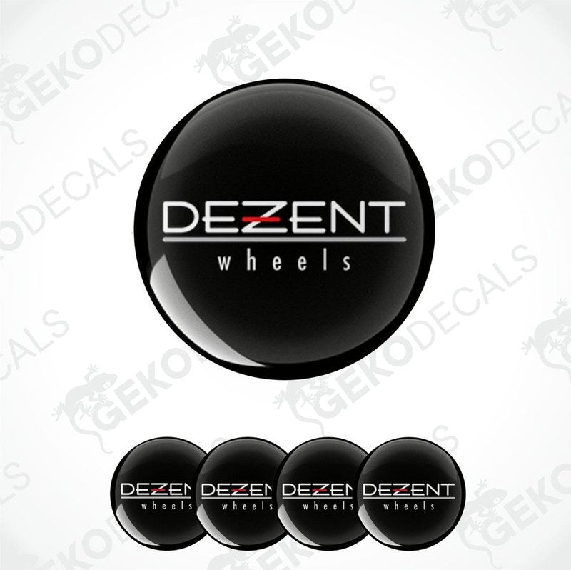 A set of four black vinyl stickers that say "DEZENT wheels".