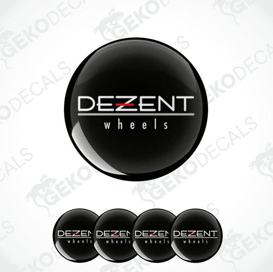 A set of four black vinyl stickers that say "DEZENT wheels".