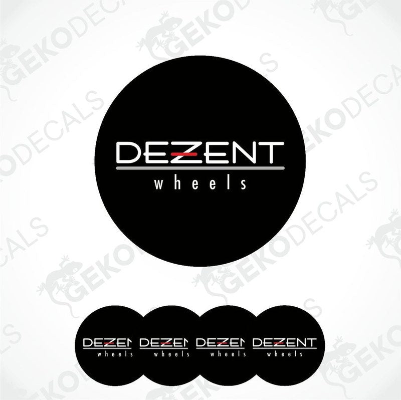 A set of four black vinyl stickers that say "DEZENT wheels".