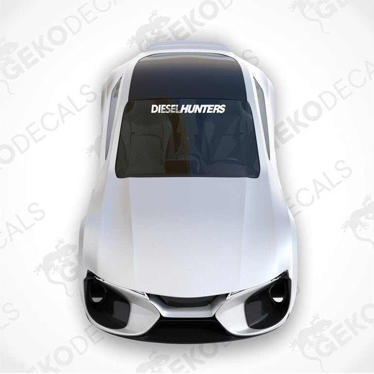 White car windshield sticker with cut-out text DIESELHUNTERS