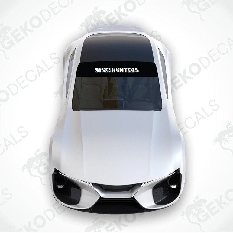 Black car windshield sun visor with white text DISELHUNTERS