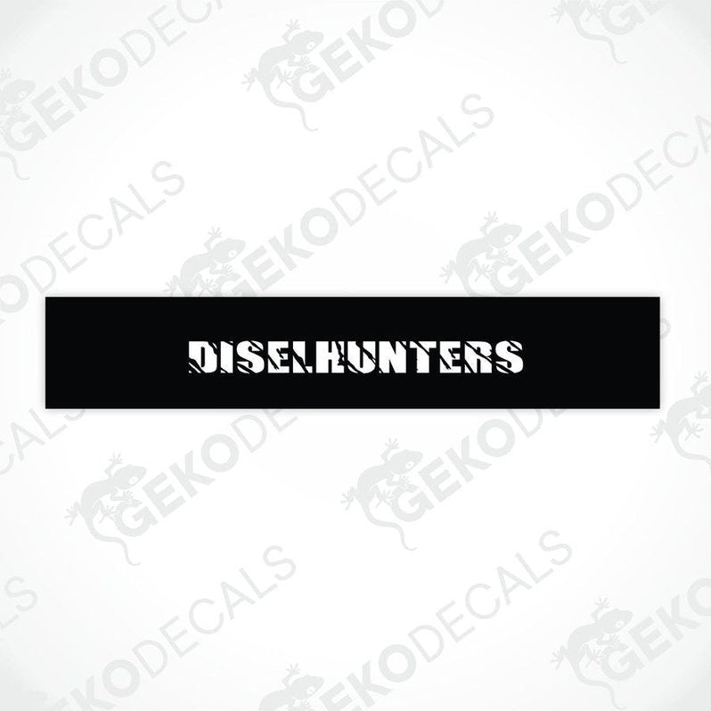 Black car windshield sun visor with white text DISELHUNTERS