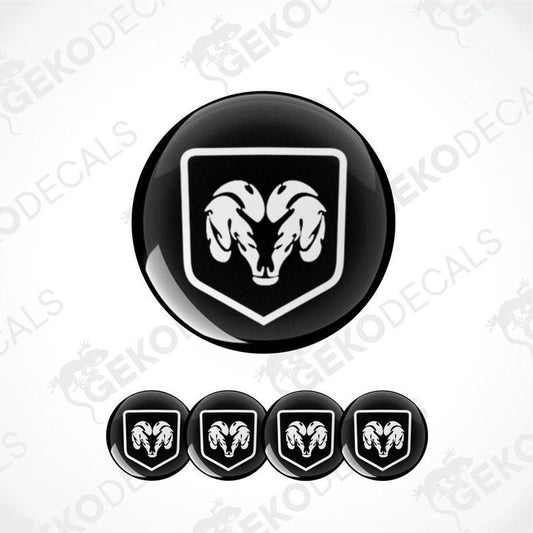 A set of black vinyl decals with a white DODGE ram's head design, intended for use as car wheel decals.
