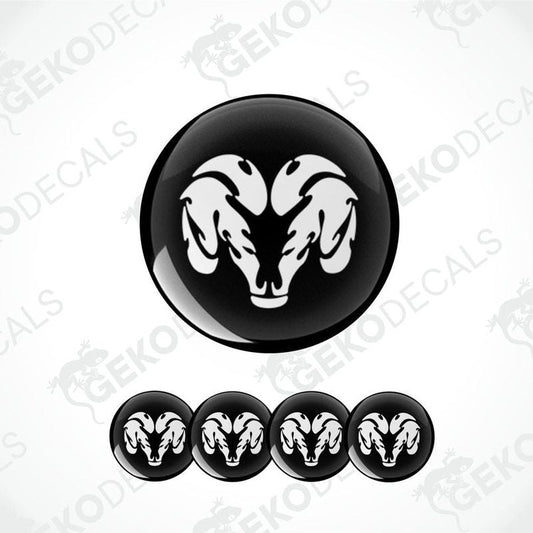 A set of black vinyl decals with a white DODGE ram's head design, intended for use as car wheel decals.