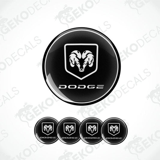 A set of black vinyl decals with a white DODGE ram's head design, intended for use as car wheel decals.