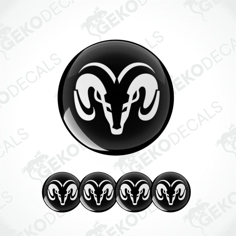 A set of black vinyl decals with a white DODGE ram's head design, intended for use as car wheel decals.