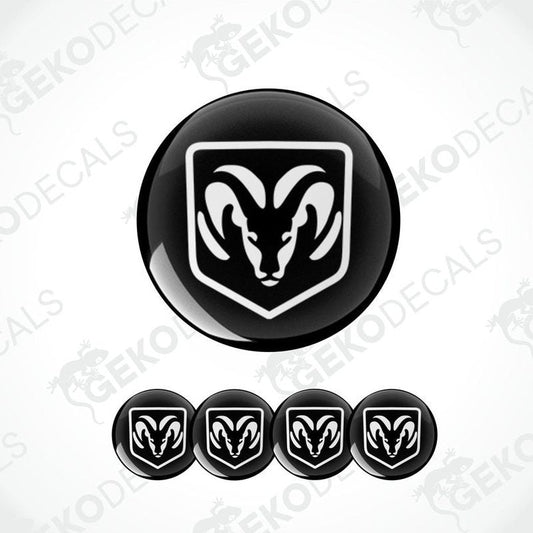 A set of black vinyl decals with a white DODGE ram's head design, intended for use as car wheel decals.