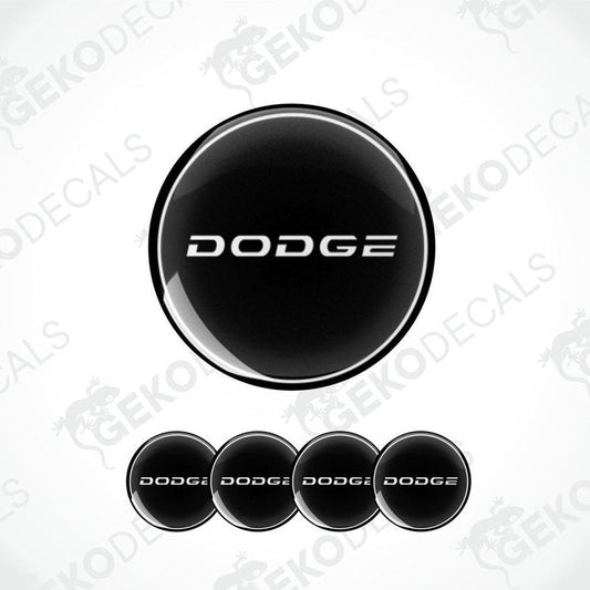 A set of four black vinyl stickers with the word 'DODGE' printed on them, arranged in a circular pattern with a white background.