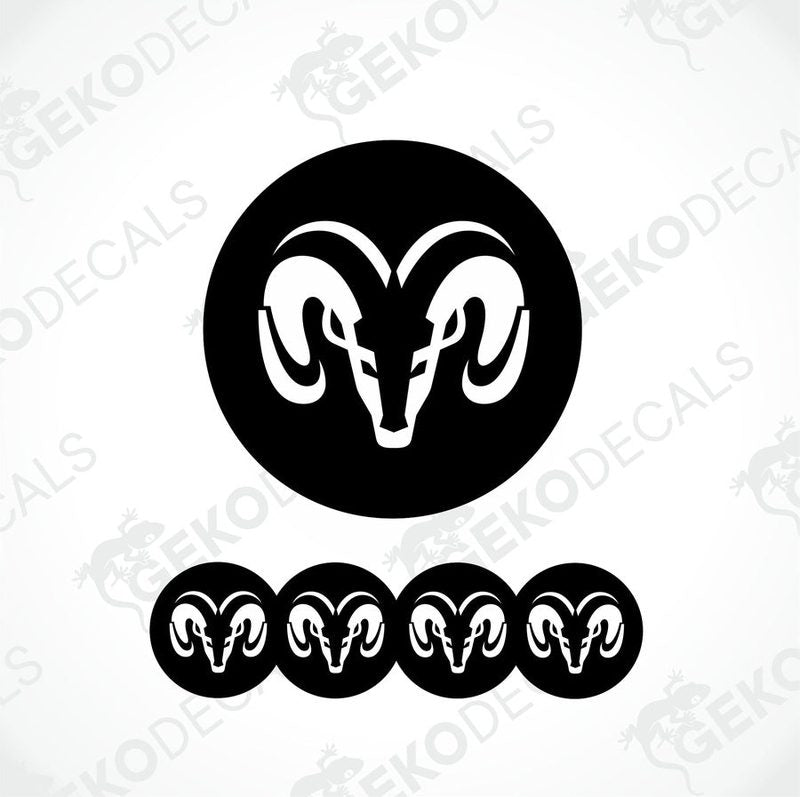 A set of black vinyl decals with a white DODGE ram's head design, intended for use as car wheel decals.