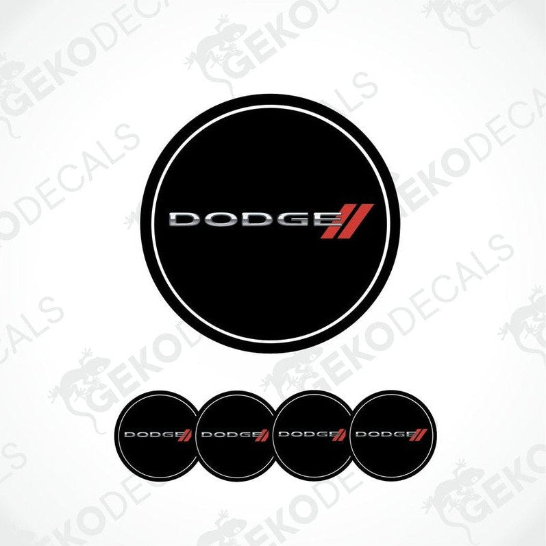 A set of four black vinyl stickers with the word 'DODGE' written in red and white, displayed against a white background.