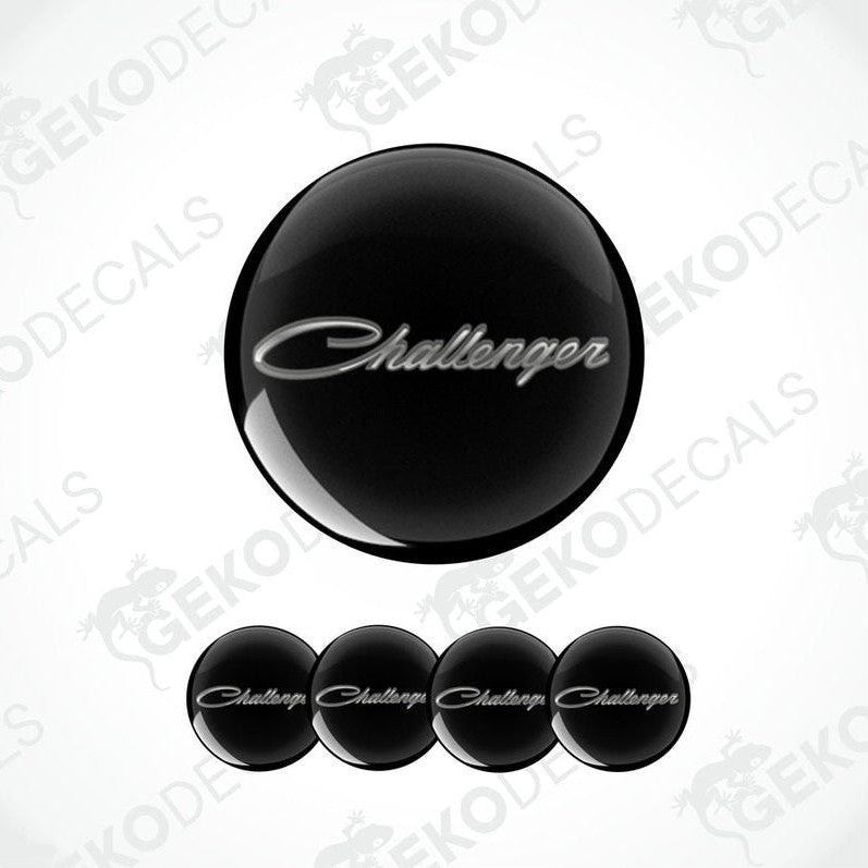 A set of four black vinyl stickers with the word 'CHALLENGER' written on them.