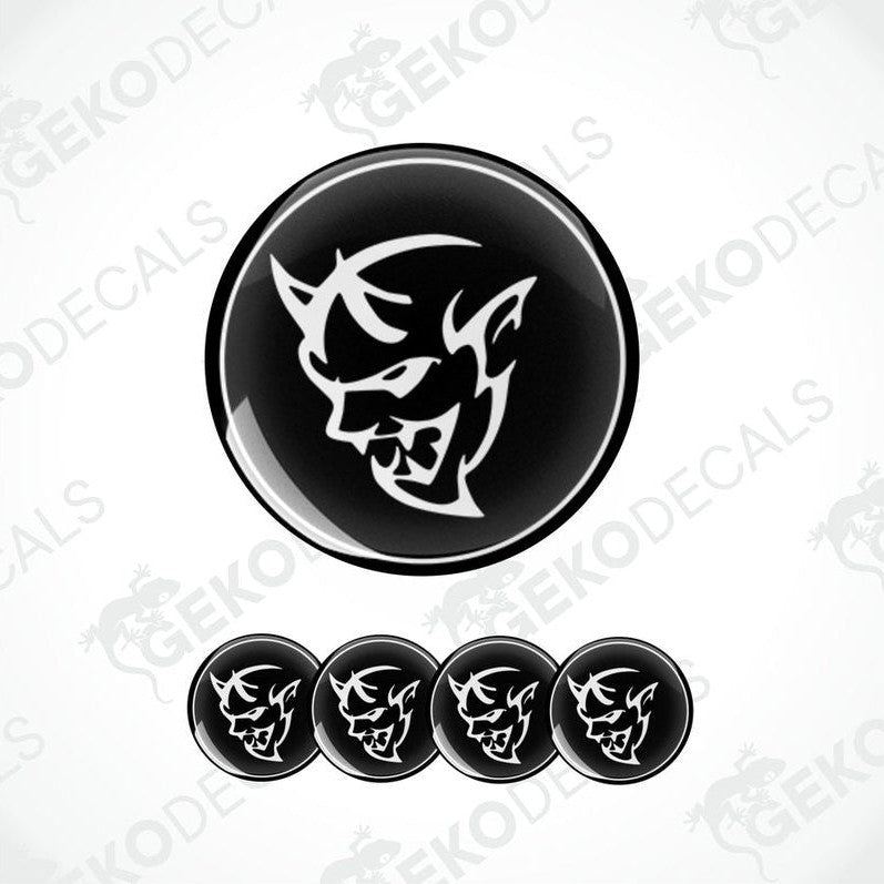A set of vinyl decals featuring a black and white DODGE demon design, intended for use on vehicles.