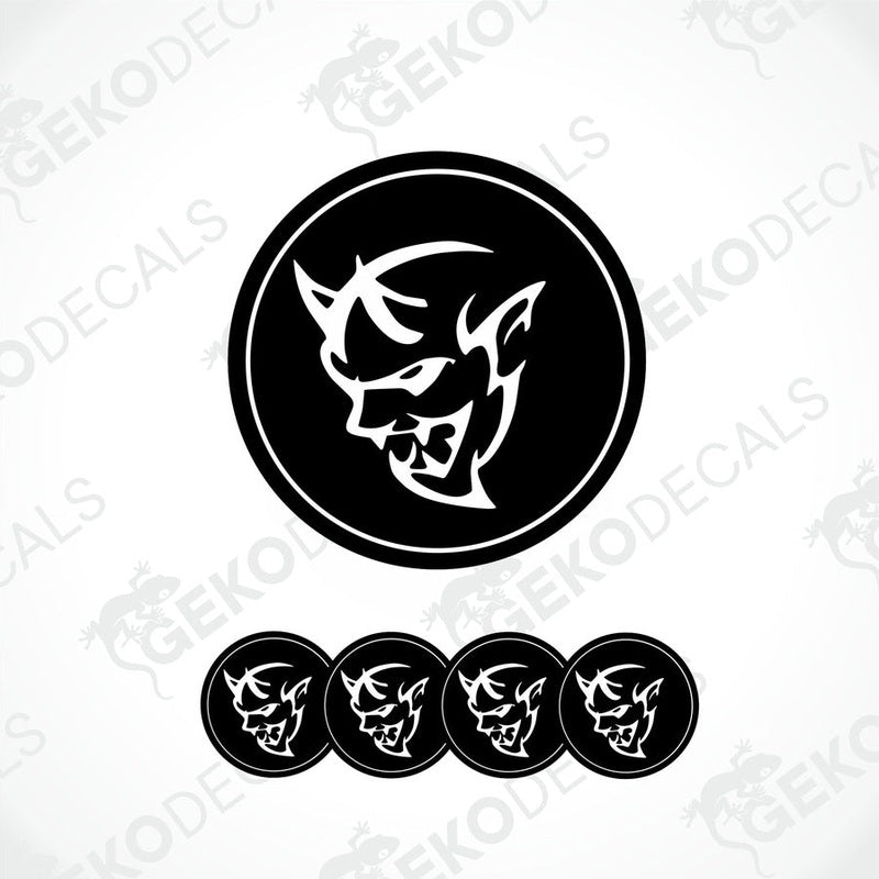 A set of vinyl decals featuring a black and white DODGE demon design, intended for use on vehicles.