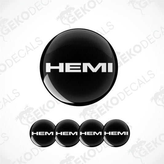 A set of black vinyl decals with the DODGE HEMI logo, including four different sizes suitable for car wheels.