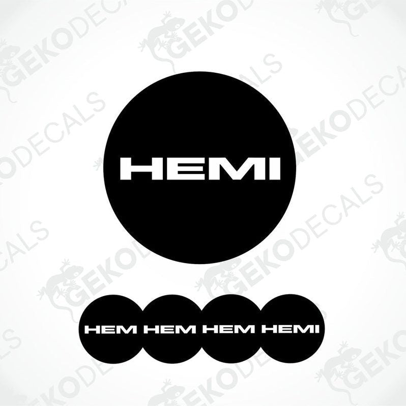 A set of black vinyl decals with the DODGE HEMI logo, including four different sizes suitable for car wheels.