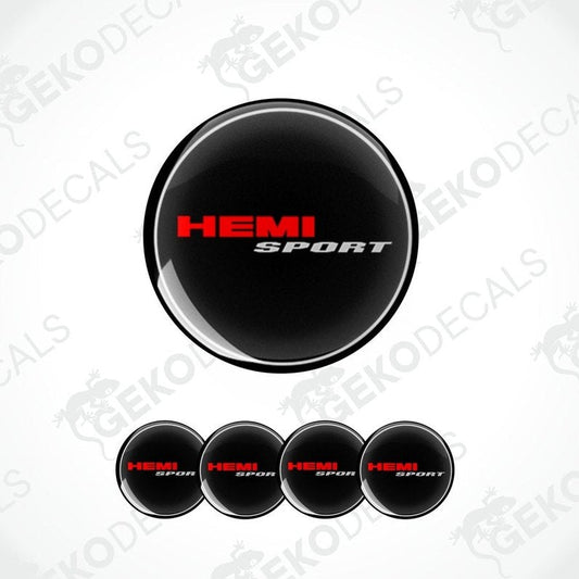 A set of black vinyl decals with ' DODGE HEMI SPORT' text in red, designed for use on vehicle wheels.