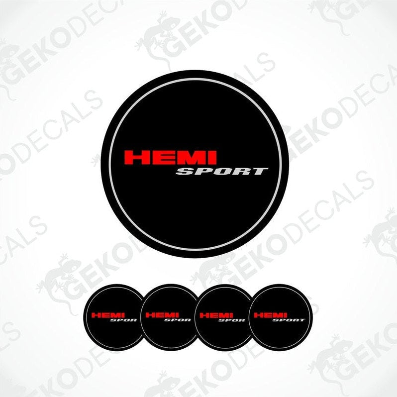 A set of black vinyl decals with ' DODGE HEMI SPORT' text in red, designed for use on vehicle wheels.