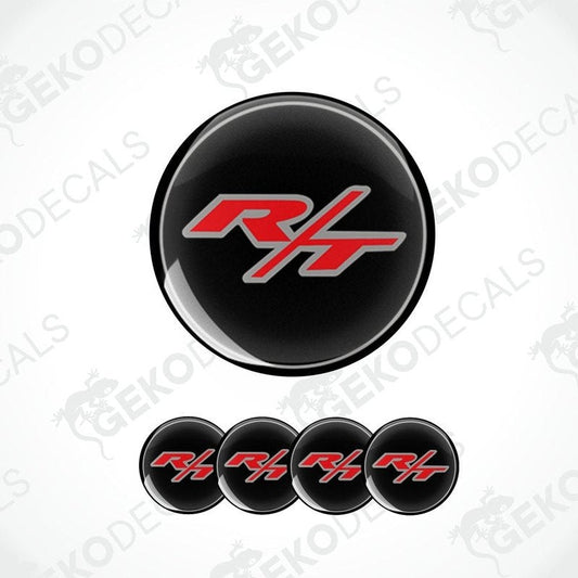 A set of four black vinyl stickers with a red and white 'R/T' logo for Dodge vehicles.