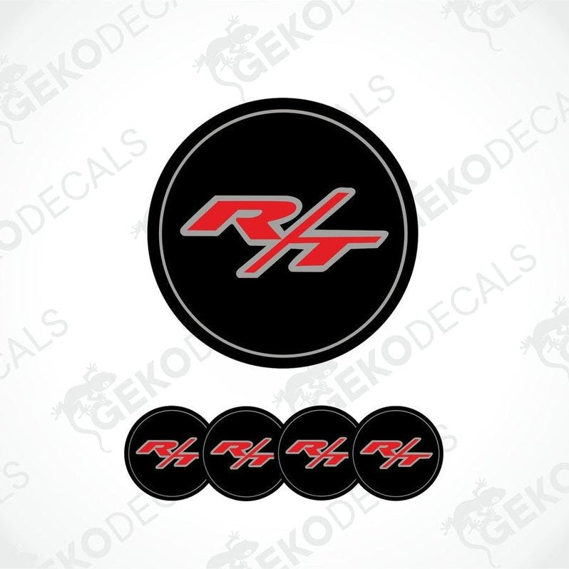 A set of four black vinyl stickers with a red and white 'R/T' logo for Dodge 