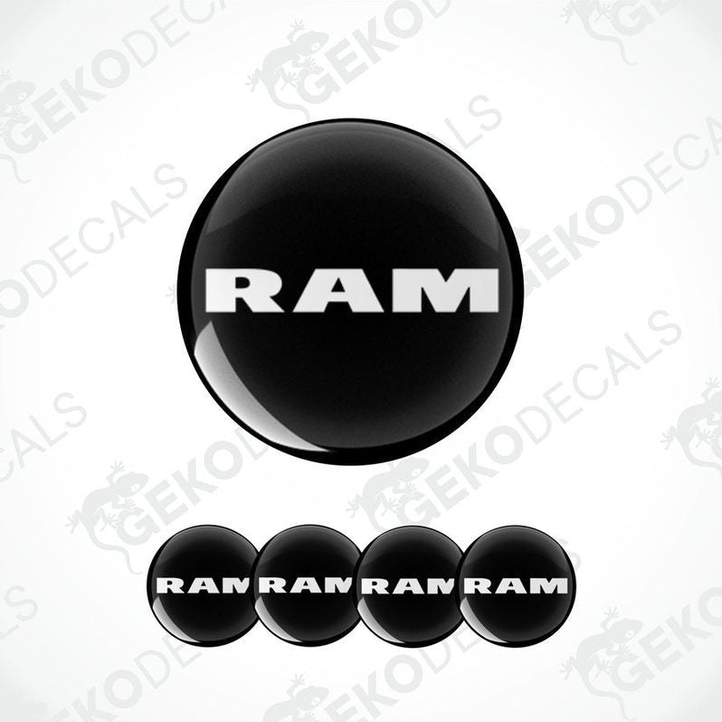 A set of black vinyl decals with the DODGE RAM logo, including four different sizes suitable for car wheels.