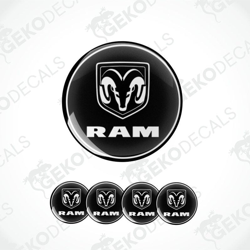 A set of black vinyl decals with the DODGE RAM logo, including one large decal and four smaller ones.