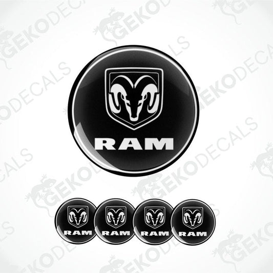 A set of black vinyl decals with the DODGE RAM logo, including one large decal and four smaller ones.
