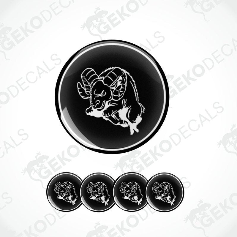 A set of four black and white vinyl stickers with the logo 'DODGE RAM' written on them.