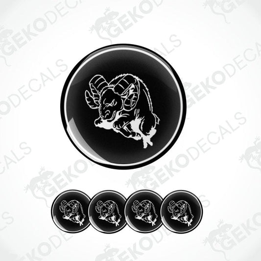 A set of four black and white vinyl stickers with the logo 'DODGE RAM' written on them.
