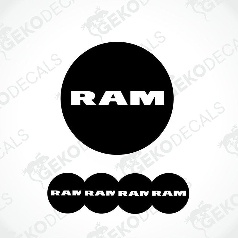 A set of black vinyl decals with the DODGE RAM logo, including four different sizes suitable for car wheels.