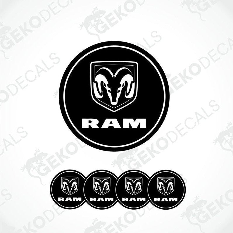 A set of black vinyl decals with the DODGE RAM logo, including one large decal and four smaller ones.