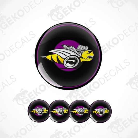 A set of four vinyl decals featuring the Dodge Rumblebee logo in black, purple, and yellow colors.