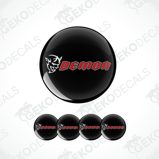 Set of vinyl decals for a Dodge SRT Demon, including four black and red dome-shaped stickers.