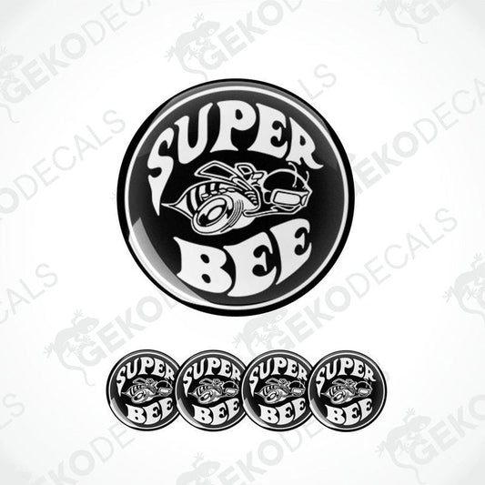 A set of four black vinyl stickers with the text 'SUPER BEE' and an illustration of a bee. Each sticker has a white background with a black design.