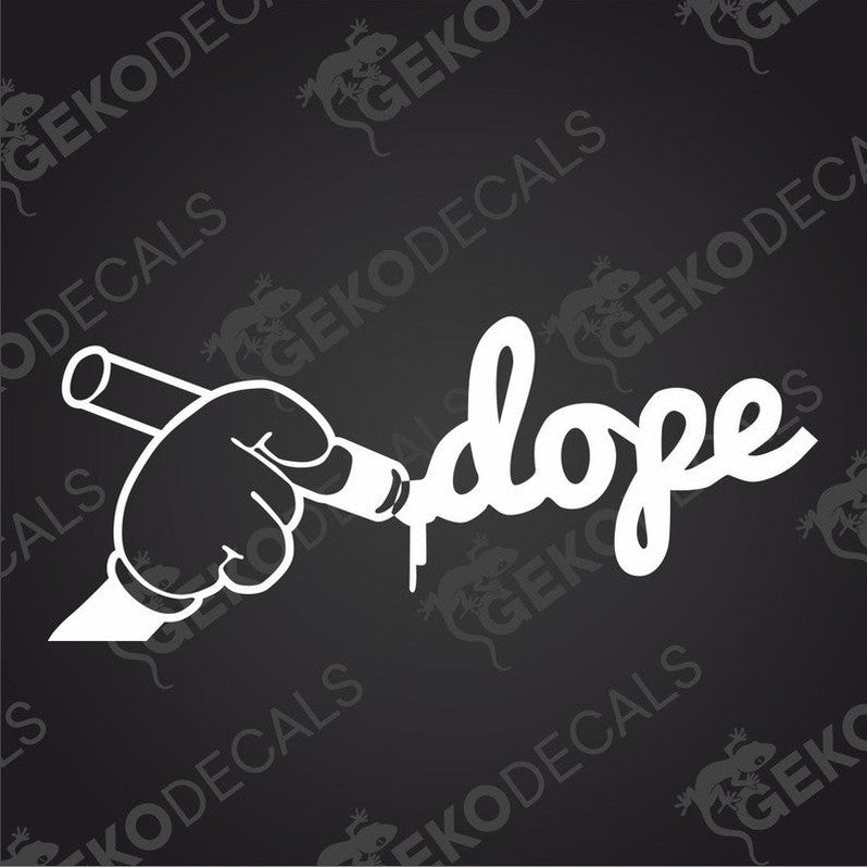 A white decal sticker with a hand holding a pencil and the word 'dope' written in a stylized font.