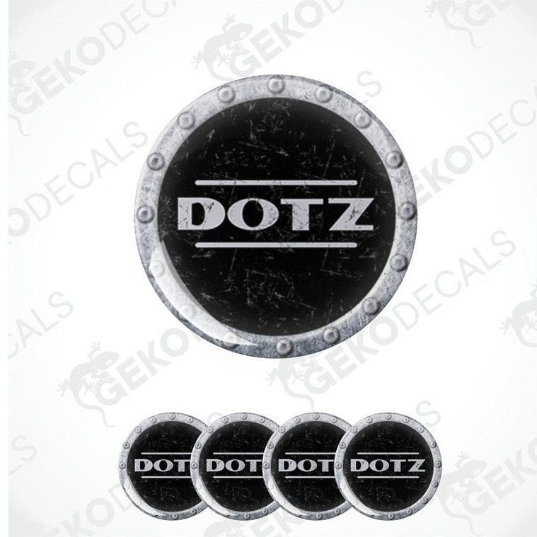 A set of vinyl decals with 'DOTZ' branding, including four circular decals with a textured black background and white text.