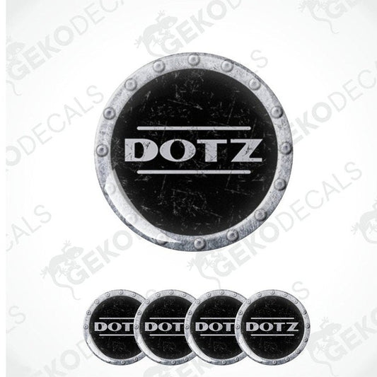 A set of vinyl decals with 'DOTZ' branding, including four circular decals with a textured black background and white text.