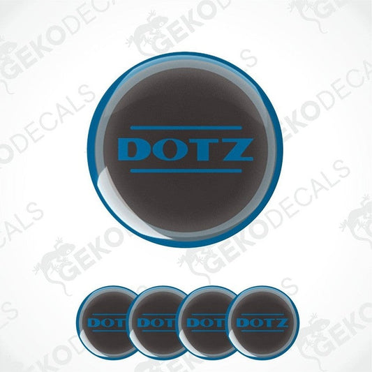 A set of four black vinyl stickers with the word 'DOTZ' printed in blue. 