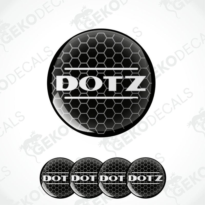 A set of four black vinyl stickers with the word 'DOTZ' and a geometric pattern in the background.