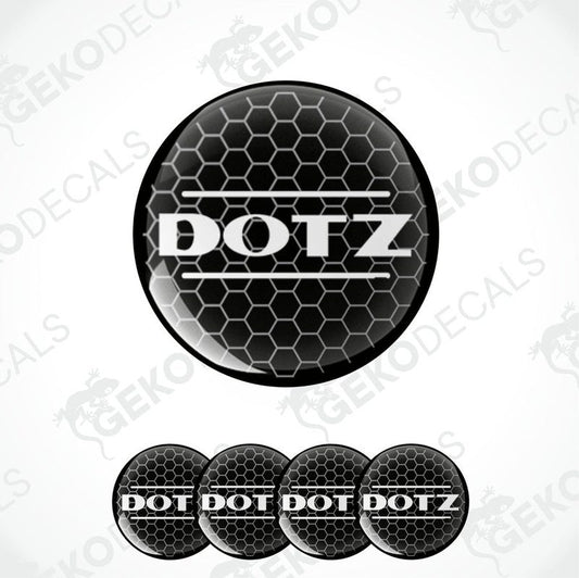 A set of four black vinyl stickers with the word 'DOTZ' and a geometric pattern in the background.