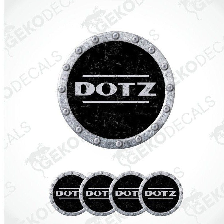 A set of vinyl decals with 'DOTZ' branding, including four circular decals with a textured black background and white text.