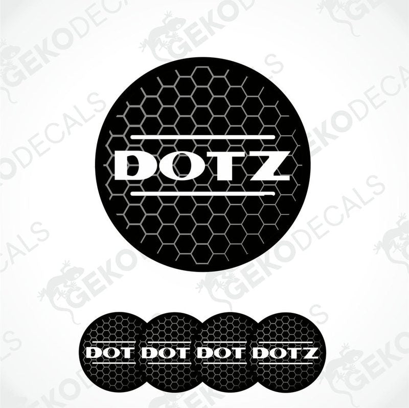 A set of four black vinyl stickers with the word 'DOTZ' and a geometric pattern in the background.