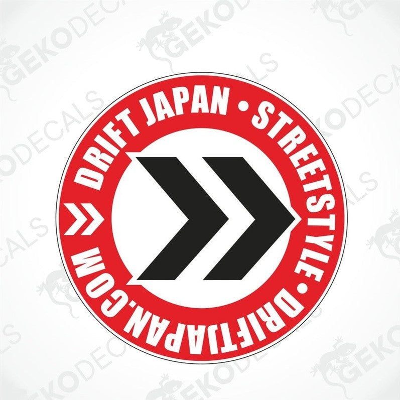 A circular red and white car sticker with text and graphic elements, designed for drift car enthusiasts.