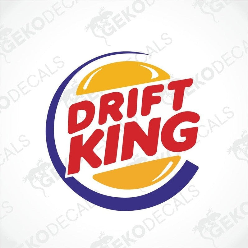 A car sticker with the text 'DRIFT KING' in red and yellow colors on a blue circular background.