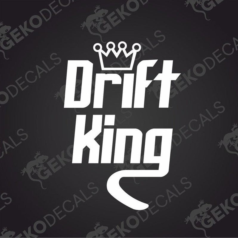 A white die-cut sticker with the text 'Drift King' designed in a bold font with a crown symbol above the word 'King'.